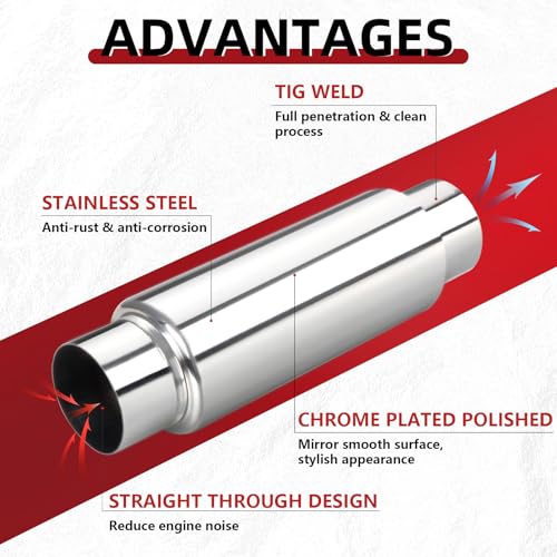 Image of LCGP 3 inch Inlet Universal Resonator Muffler, 3 inch Outlet 13.77 inch Overall Length Stainless Steel High Performance Muffler, Polished, Pass-Thru Design