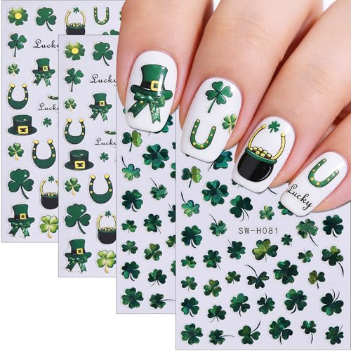 4 Sheets St.Patricks Day Nail Art Stickers Glitter Luck Four-Leaf Clover Nail Decals 3D Self-Adhesive Green Hat Nail Stickers DIY Irish Saint Patricks Day Manicure Decorations for Women