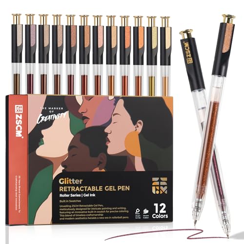 Retractable Glitter Gel Pens, 12 Colors Large Capacity Skin Tone...