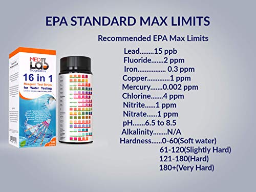 16 in 1 Drinking Water Test Kit Strips, 100 cnt. Home Water Quality Test for Tap Water, Pool, Spa. Strips for Water Hardness, Total Chlorine, Mercury, Lead, Aluminum, Fluoride, Iron, pH and More