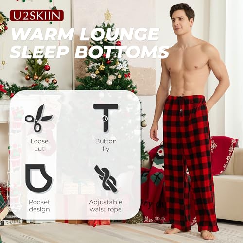 U2SKIIN Mens Fleece Plaid Pajama Pants Warm Lounge Sleep Bottoms with Pockets and Button Fly3