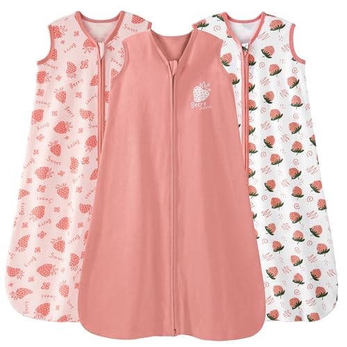 Image of Baby Sleep Sack 18-24 Months 0.5 Tog Wearable Blanket Baby, 3 Pack 100% Cotton Lightweight Sleeping Sack with 2-Way Zipper for Infant Toddler Strawberry
