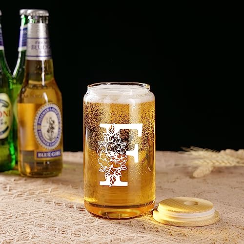 Image of Coolife Initial Glass Cup, Monogrammed Gifts for Women, 16 oz Tumbler w /Lid | Iced Coffee Smoothie Beer Tumbler w /Straw Lid - Personalized Christmas, Birthday Gifts for Woman Her Mom Friend