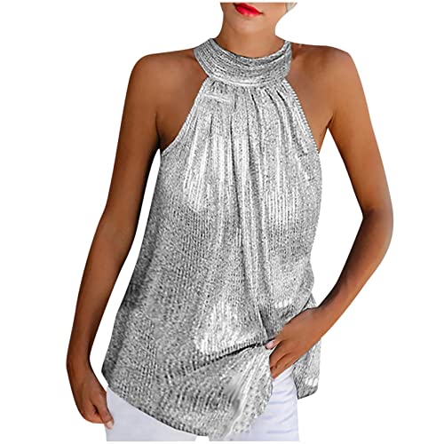 Sommer Tank Top Damen Shirt Pailletten Armellose Hemd Kreuzhals Hemd Vintage Weste Einfache Mode Oben Einfarbiger Tee Shirt Frauen Klassisch Oberteil Basic Kurzarm Lose T-Shirt (Silber, L) Cover