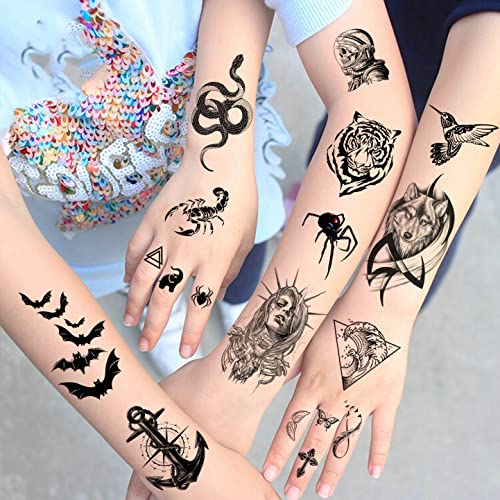 Image of VANTATY 65 Sheets Black Realistic Flower Temporary Tattoos For Women Arm Thigh, 3D Fake Tattoos That Look Real And Last Long, Temp Rose Sketch Moon Snake Peony Floral Tattoo Stickers For Adults Girls