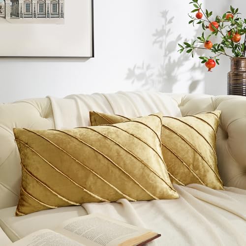 Image of GIGIZAZA Decorative Velvet Pillow Covers 12x20, Set of 2 Gold Sofa Couch Lumbar Throw Pillows Covers Cases, Living Room Square Cushion Accent Stripe Covers