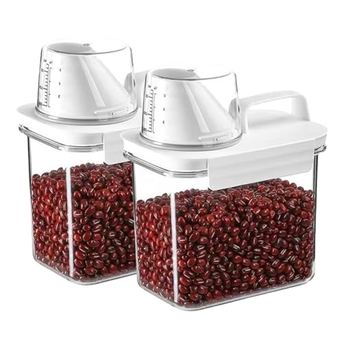 JUSTAUS 2Pcs Rice Dispenser Storage Containers, 1.1L Small Rice Bucket with Measuring Cup & Pour Spout, Kitchen Plastic Airtight Container for Cereal, Grain, Flour, Sugar, Oatmeal, Dry Pet Dog Food