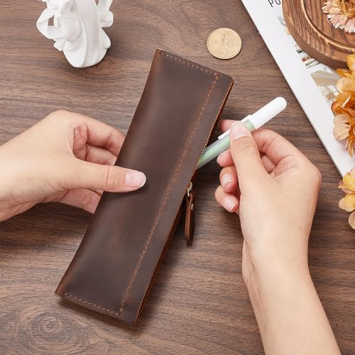 GORGECRAFT Crazy Horse Cowhide Leather Pencil Case Rectangular Vintage Pen Bag with Zipper Closure Real Leather Pencil Pouch Genuine Leather Fountain Pen Holder for Stationery Storage Coconut Brown - Image 3