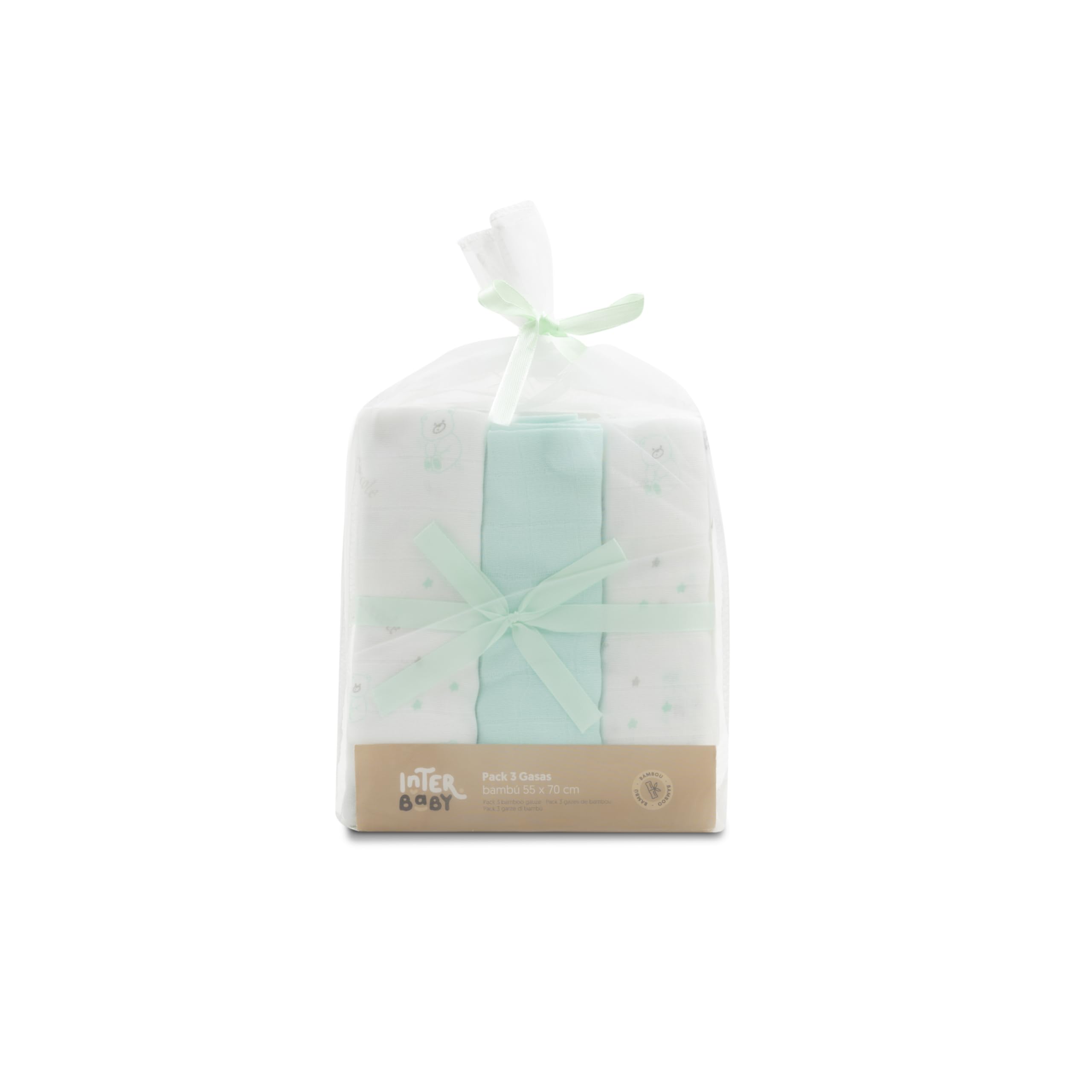 INTERBABY Pack of 3 Muslin Cloths Made of Bamboo and Cotton Bear Green 55 x 70 cm Absorbent and Breathable and Ideal for Cleaning, Wiping and Covering Newborns