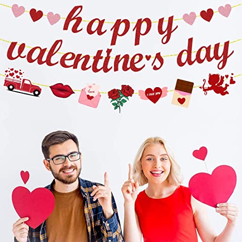 Image of FestikoHappy Valentines Day Banner with Heart Garland, Red Pink Glitter Valentines Banner, Valentines Day Decorations Garland for Fireplace Home Wedding Anniversary Party