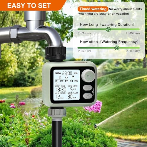 Image of Pinolex Water Sprinkler Timer for Self Watering Pots & Drip Irrigation Kit, Programmable Hose Timer with Backlight Display, 5 Watering Programs, Child Lock, Rain Sensing, Auto & Manual Modes