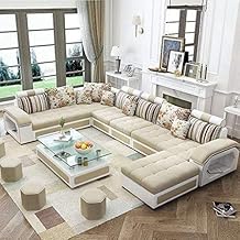 Caradel Orions L Shape 12 Seater Sofa with Ottoman 4 Puffy (Cream & Beige) |U Shape Sofa Set 12 Seater for Living Room | Modular Fabric Sofas Couch for Living Room