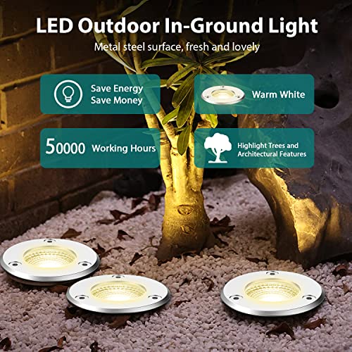 iCreating Low Voltage Landscape Lights, 6W Outdoor In-Ground Lights IP67 Waterproof LED Well Lights 12V Garden Light Warm White in Ground Lights for Outside Path Uplighting with Connectors (12Pack)
