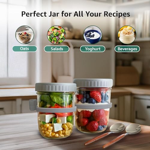 Image of KHEDU FAB 1 Pcs Glass Overnight Oats Jars With Spoon And Lid 350 ML - Airtight Container With Measurement Marks, Mason Jars With Lid and Silicone Spoon Holder Ring - Leak Proof Oats Jar Container