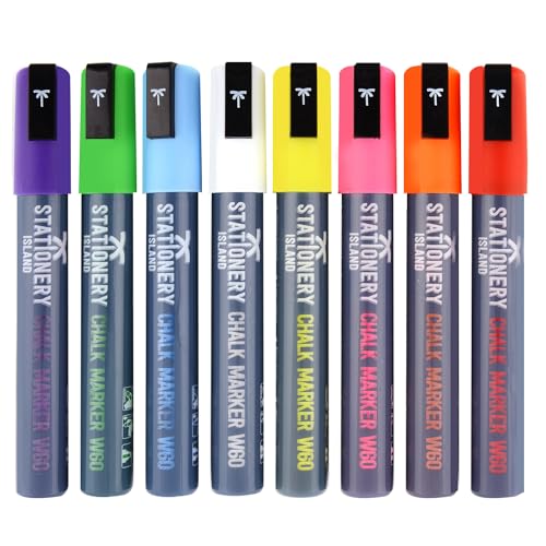 Stationery Island Rotuladores de Tiza Liquida Borrado en Húmedo, Punta Biselada 6 mm - Paquete de 8 Colores para Vidrio, Pizarras Blancas Y Pizarras Negro, para el Hogar, la Escuela o la Oficina