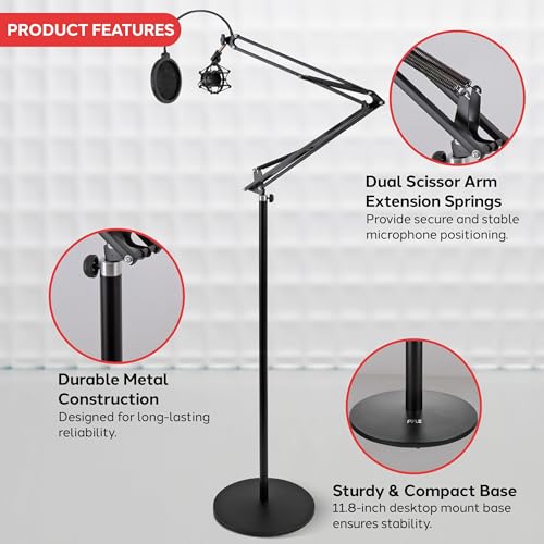 Image of Pyle Microphone Boom Suspension Stand - Scissor Arm Mic Mount w /Shock Mount, Integrated Pop Filter, 3.1' ft. Max Extension, Suitable for Podcast Recording, Broadcasting, Streaming, Stage & Studio Use