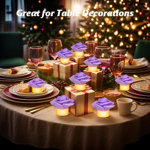 Image of SupBri 12 Pack LED Tea Lights Candles with Artificial Rose Petals, Romantic Flameless Battery Operated Candles for Valentines Wedding Proposals Christmas Decor (Purple)