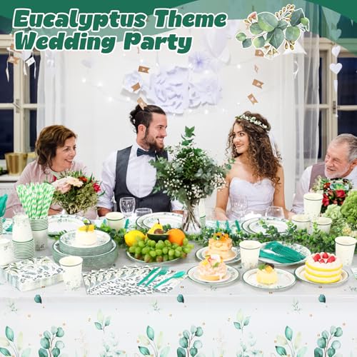 Image of Funnymoom 452 Pcs Sage Green Party Decorations for 50 Guests, Eucalyptus Theme Paper Plates Napkins Cups Tablecloth Cutlery Straws for Bridal Baby Shower Birthday Wedding Party Decorations Supplies