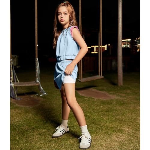 CHILDRENSTAR Girls 2 Pieces Tracksuit Summer Spring Blue Colorblock Crewneck Tops and Skirt Set,Size 8-10 Years4