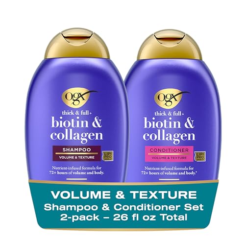 OGX Thick & Full + Biotin and Collagen for Hair Volume & Body, Sulfate Free Volumizing Shampoo & Conditioner Set for Fine & Thinning Hair, Nutrient-Infused, Vitamin B7, 13 fl oz, 2 Pack