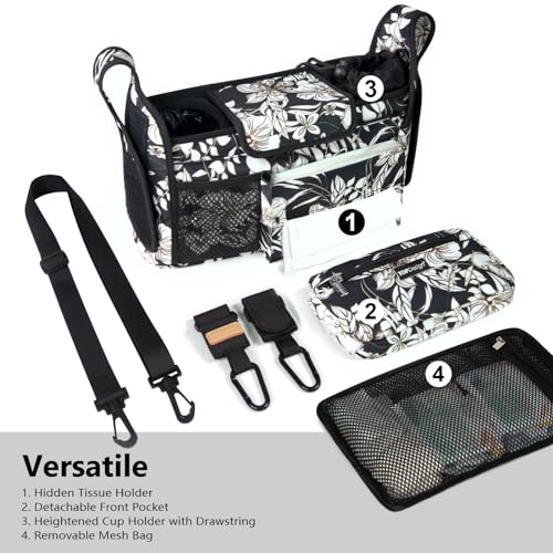 Image of TOPDesign Universal Baby Stroller Organizer, Stroller Caddy with Detachable Mesh Bag & Heightened Insulated Cup Holders & Non-Slip Secure Hooks Accessories, Fits Most Strollers (Morning Glory)