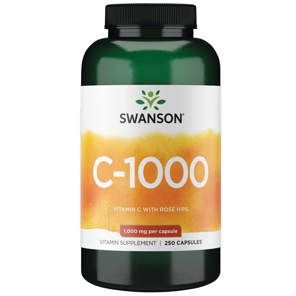 Swanson, C-1000, Vitamine C (Acide Ascorbique), 1000mg, avec Églantier, 250 Capsules, Hautement Dosé, Sans Soja, Sans Gluten, Sans OGM