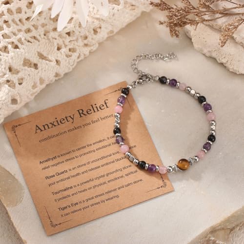 Image of Triple Threat Protection Anxiety Relief Gifts for Women,Natural Healing Crystal Bracelet Evil Eye Jewelry for Her Friends
