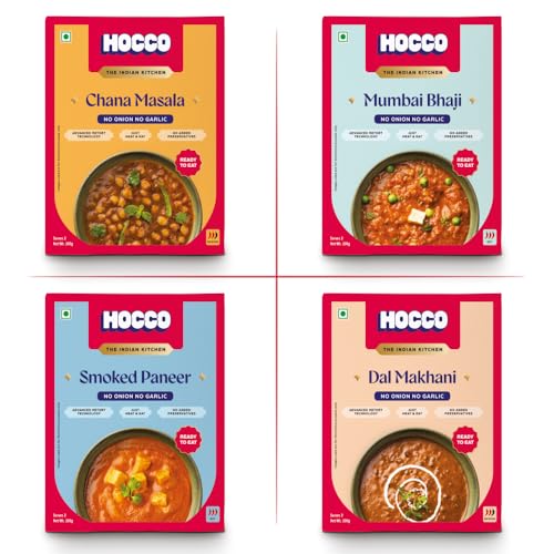 HOCCO Ready To Eat Combo Pack of 4 (Jain Mumbai Bhaji, Jain Dal Makhani, Jain Smoked Paneer & Jain Chana Masala) | Just Heat & Eat | Meal Ready In 5 Minutes | Microwave-Able | Serves 2-300g Each