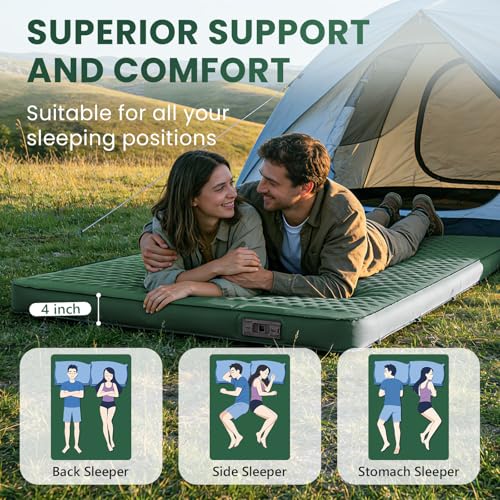 Image of Double Self Inflating Sleeping Pad with Electric Pump - 4 inch Ultra-Thick Memory Foam Camping Mattress for 2 Person, Portable Outdoor Air Camp Mat Gear for Tent Car Truck Travel Hiking (Green)