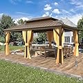 EROMMY 12'x18' Gazebo Hardtop, Galvanized Steel Double Roof Metal Gazebo with Aluminum Frame, Permanent Outdoor Pavilion with Curtain and Netting for Patio, Lawn and Garden, Brown