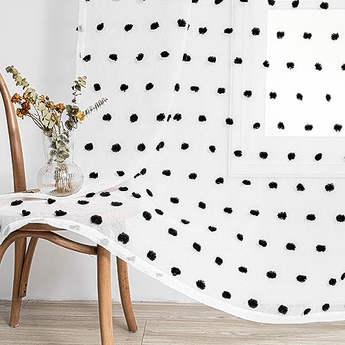 Image of MYSKY HOME Black Pom Pom Sheer Curtains for Sliding Door 95 Inches 2 Pieces | Halloween Curtain Panels, for Bedroom Living Room Dining Room, Rod Pocket, Light Filtering, Semi Window Drapes, 50 inch x 95 inch