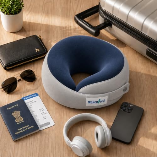 Image of 360 Memory Foam Travel Neck Pillow - U Shaped Ergonomic Head & Neck Support Cushion with Chin Support, Adjustable Snap Closure, Breathable Mesh Fabric (Blue & Grey)