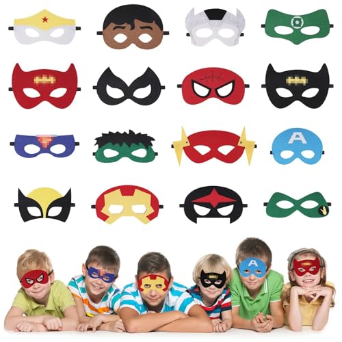 URAQT - Máscara de super-heróis, 16 unidades infantis para disfarce, ideal para festas de aniversário, Halloween