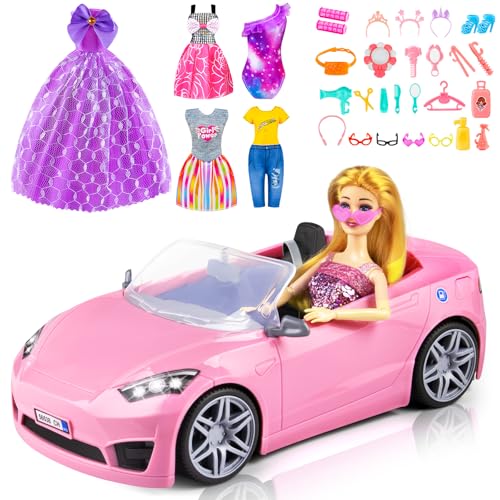 76 Pcs Doll & Convertible Car Playset,Included 11.5 In Dol-l,Car,Princess Dresses,Fashion Dresses,Casual Clothing,Swimsuits,Bags,Shoes,Doll Playset,Doll Dress up Toys for Girls Kids Toddlers Gifts