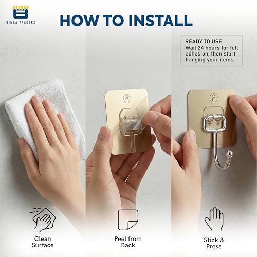Image of Self Adhesive Long Wall Hooks |No Damage, Easy Installation |Waterproof and Oilproof Stainless Steel Hangers for Bathroom Shower Door Outdoor Home Improvement Utility Hook | (Gold, Pack of 10)