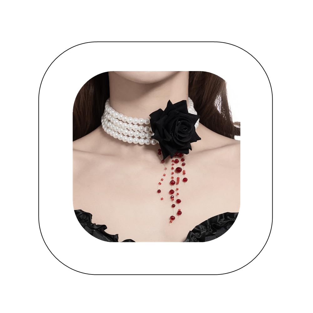 Asphinien Multilayer Pearl Choker with Black Red Rose Flower Vintage Chunky Pearl Ruby Crystal Tassel Gothic Faux Pearl Statement Jewelry for Women