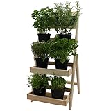 Escalera para flores de madera FSC 74 x 39 x 40 cm con pizarra - Estantería para flores de madera impregnada resistente a la intemperie y durable, Color:Natural