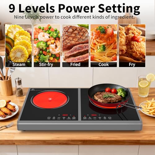 Image of GIHETKUT Electric Cooktop,110V 3600W Stove top, 20 inch Countertop with 9 Power Levels,LED touch control,Overheat Protection,Child Safety Lock & Timer,touch control 2 burner Electric cooktop
