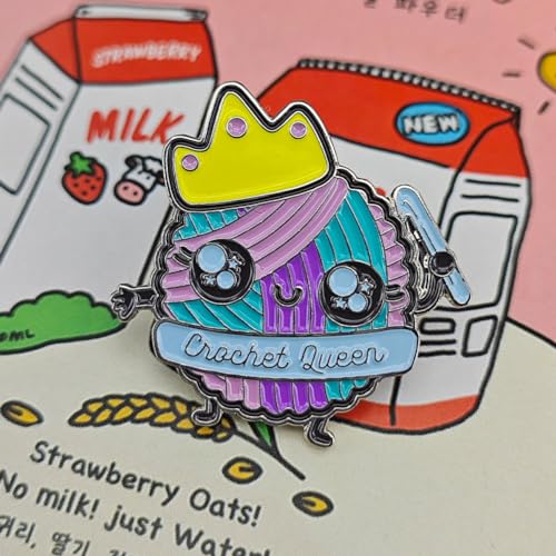 Image of Crochet Queen Enamel Pin, Cartoon Pin Knitting Lover Gift for Women, Girls, Teens, Children, Adults