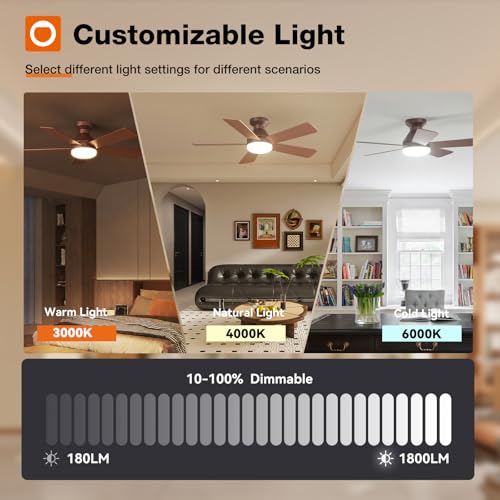 Image of addlon Ceiling Fans with Lights, 42 Inch Low Profile Ceiling Fan with Light and Remote Control, Flush Mount, Reversible, 3CCT, Dimmable, Quiet, Brown Small Ceiling Fan for Bedroom Indoor /Outdoor Use