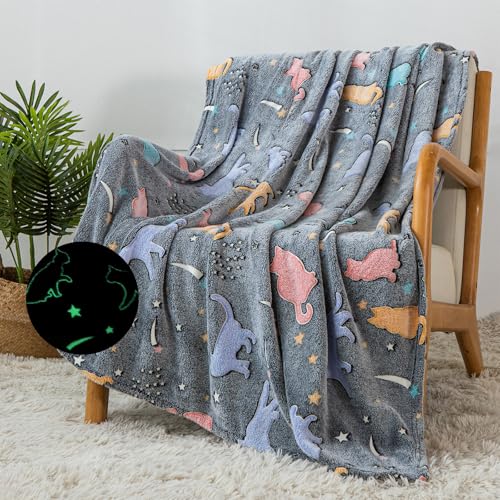 BKABRYHJJ Glow in The Dark Cute Cat Throw Blanket- Soft Throw Kids Blanket for Girls Boys, Camping/Travel Blanket, Toys Gifts for Children, Day Care Home Office Use, 50*60in, D-dcat, BK-CAT-01