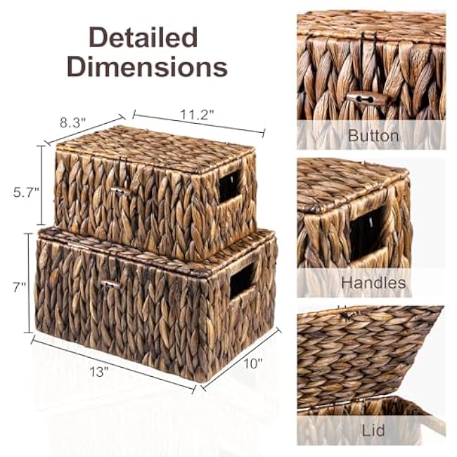 FairyHaus Brown Wicker Storage Basket with Lid & Handle 2Pack, Natural Water Hyacinth Basket for Organizing, 13x10x7& 11.2x8.3x5.7 (L+M)