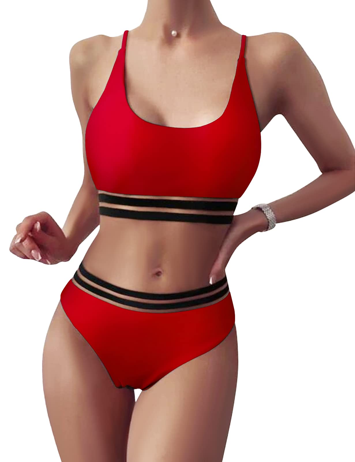 TOMEEK Damski zestaw bikini z siateczką, dwuczęściowy kostium kąpielowy, push up, wyściełany, High Cut Sport moda kąpielowa, wysoka talia, bikini dla kobiet