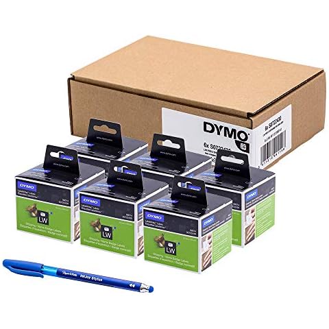 6 x Dymo S0722430 Original LabelWriter etiketten/Namensschilder, groÃŸ, 101 x 54 mm, Rolle mit 220 Stück, WeiÃŸ + PaperMate Stift Geschenk Cover