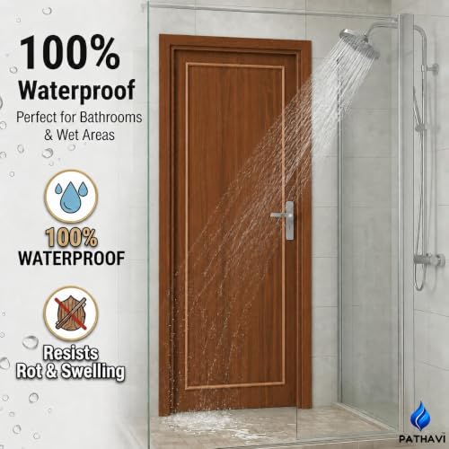 Image of PVC Door with Frame, 30 mm Thick, 27 x 81 Inches (2.25 x 6.75 ft), Wooden Brown Color, Waterproof, Termite Resistant, 550 Density, 12 kg