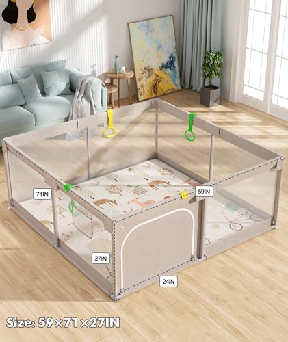 Image of Mloong Baby Playpen with Mat, 59x71 in Extra Large Playpen for Babies and Toddlers, Indoor & Outdoor Activity Center, Safety Baby Fence with Door, Play Pen, Play Yards