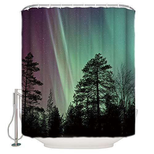 48x72 inches Bathroom Shower Curtain, Aurora Lanscape Fabric Shower Curtain with Hooks, Decorative Bathroom Accessories, Waterproof Machine Washable Bath Curtain
