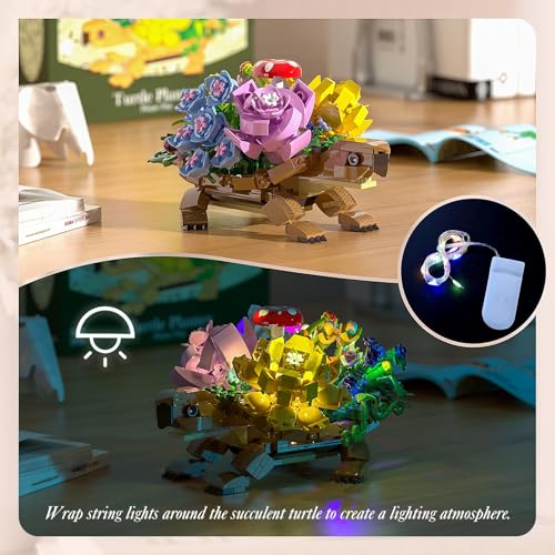 Sea Turtle Succulent Planter Building Set with LED Lights, Valentines Day Gifts for Kids Girls Women Adults Mothers, Compatible with Lego Turtle Flowers Pot Building Kit, Animals Botanical