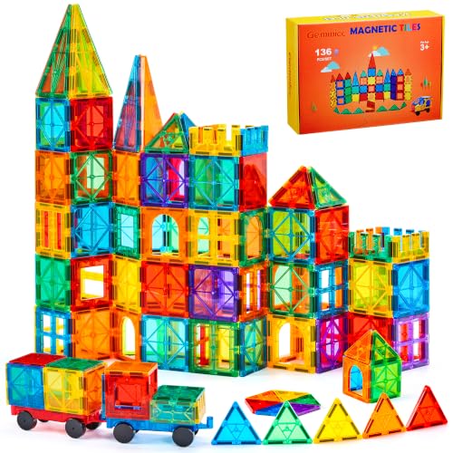 Gemmicc 136 PCS Magnetic Tiles, Deluxe Building Blocks Magnet Toys Set for Kids,3D Magnet Puzzles Stacking Blocks for Boys Girls,Huge Set with 2 Cars
