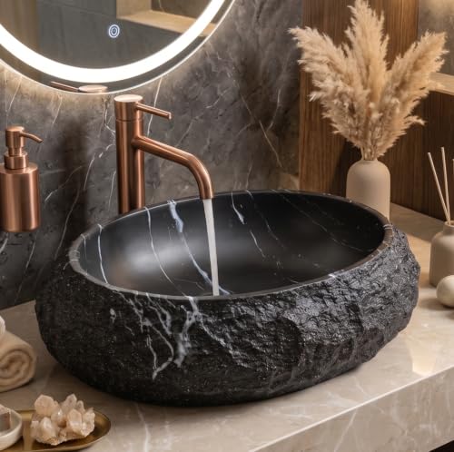Image of BASSINO 20x15x6 Inches Artificial Stone Table Top Washbasin /Black Marble Stone Texture Luxury Countertop Sink /Modern Rock Finish Wash Basin for Home-Hotel /Designer Oval Shape Basin for Bathroom(Matte)